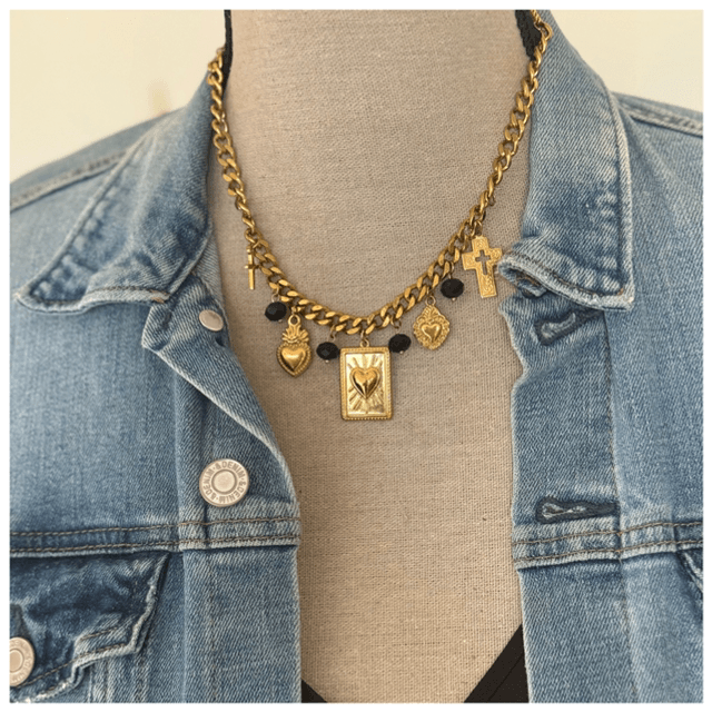 Collier chaîne épaisse multipampille noir/doré