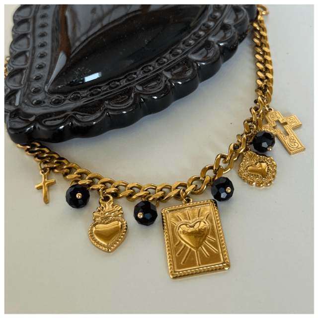 Collier chaîne épaisse multipampille noir/doré
