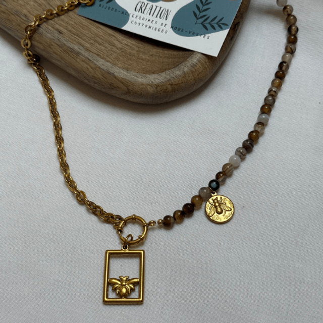 Collier mixte, perles et chaine thème abeille