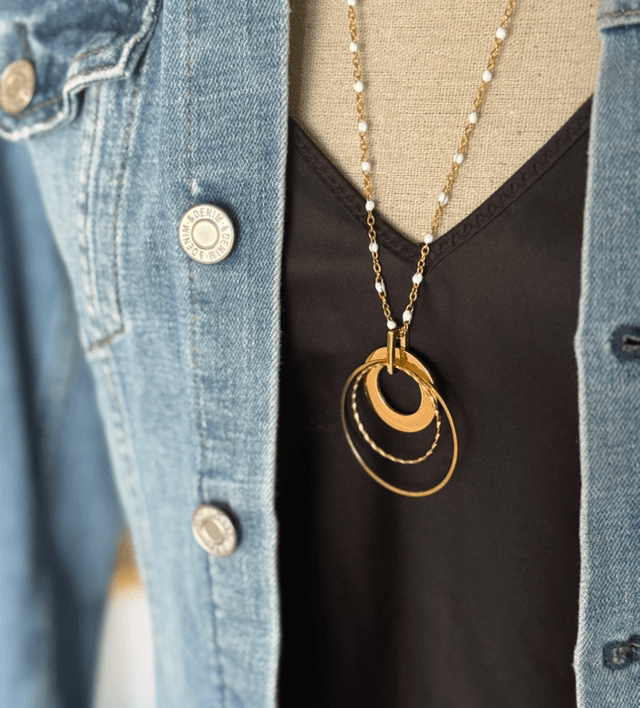 Sautoir cercles acier inoxydable et blanc 